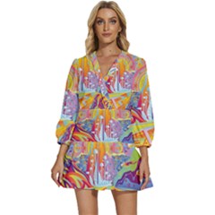 Multicolored Optical Illusion Painting Psychedelic Digital Art V-neck Placket Mini Dress by Bedest