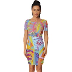 Multicolored Optical Illusion Painting Psychedelic Digital Art Fitted Knot Split End Bodycon Dress by Bedest