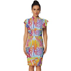 Multicolored Optical Illusion Painting Psychedelic Digital Art Vintage Frill Sleeve V-neck Bodycon Dress by Bedest