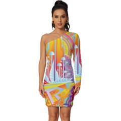 Multicolored Optical Illusion Painting Psychedelic Digital Art Long Sleeve One Shoulder Mini Dress by Bedest