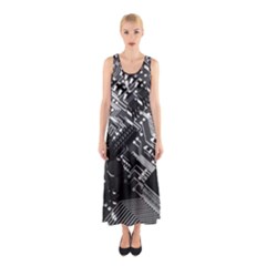 Black And Gray Circuit Board Computer Microchip Digital Art Sleeveless Maxi Dress by Bedest