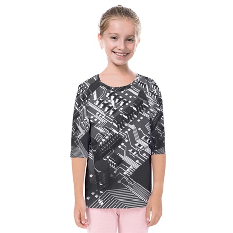 Black And Gray Circuit Board Computer Microchip Digital Art Kids  Quarter Sleeve Raglan T-shirt by Bedest