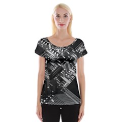 Black And Gray Circuit Board Computer Microchip Digital Art Cap Sleeve Top by Bedest