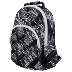 Black And Gray Circuit Board Computer Microchip Digital Art Rounded Multi Pocket Backpack by Bedest