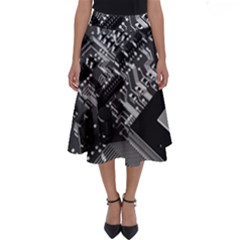 Black And Gray Circuit Board Computer Microchip Digital Art Perfect Length Midi Skirt by Bedest