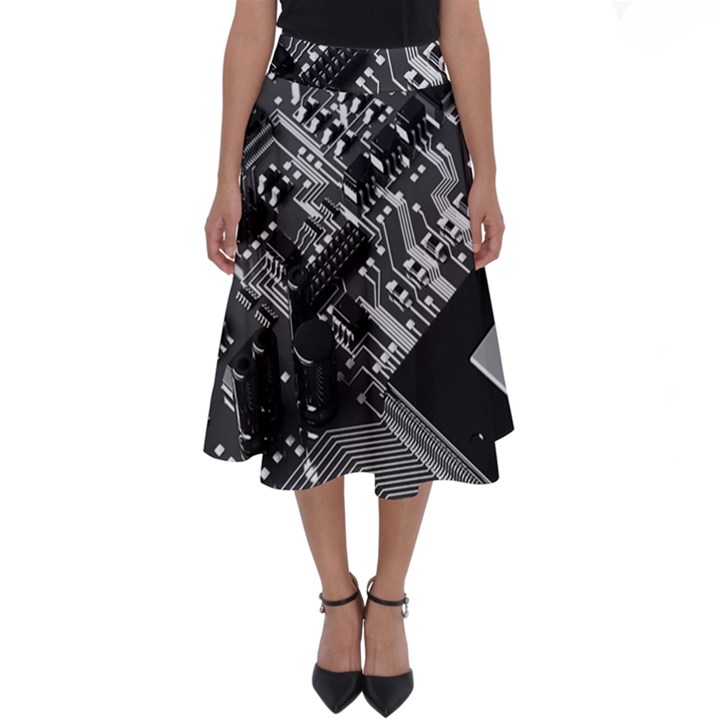 Black And Gray Circuit Board Computer Microchip Digital Art Perfect Length Midi Skirt