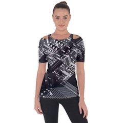 Black And Gray Circuit Board Computer Microchip Digital Art Shoulder Cut Out Short Sleeve Top by Bedest