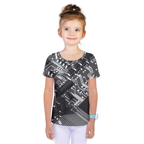 Black And Gray Circuit Board Computer Microchip Digital Art Kids  One Piece T-shirt by Bedest