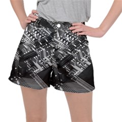 Black And Gray Circuit Board Computer Microchip Digital Art Women s Ripstop Shorts by Bedest