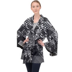 Black And Gray Circuit Board Computer Microchip Digital Art Long Sleeve Velvet Kimono  by Bedest