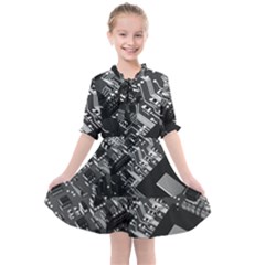 Black And Gray Circuit Board Computer Microchip Digital Art Kids  All Frills Chiffon Dress by Bedest