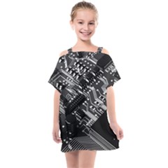 Black And Gray Circuit Board Computer Microchip Digital Art Kids  One Piece Chiffon Dress by Bedest