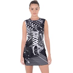 Black And Gray Circuit Board Computer Microchip Digital Art Lace Up Front Bodycon Dress by Bedest