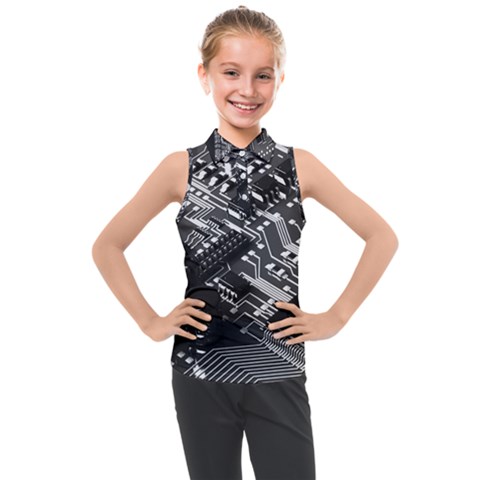 Black And Gray Circuit Board Computer Microchip Digital Art Kids  Sleeveless Polo T-shirt by Bedest