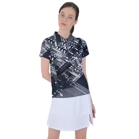 Black And Gray Circuit Board Computer Microchip Digital Art Women s Polo T-shirt by Bedest