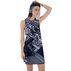 Black And Gray Circuit Board Computer Microchip Digital Art Racer Back Hoodie Dress by Bedest