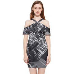 Black And Gray Circuit Board Computer Microchip Digital Art Shoulder Frill Bodycon Summer Dress by Bedest