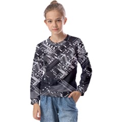 Black And Gray Circuit Board Computer Microchip Digital Art Kids  Long Sleeve T-shirt With Frill 