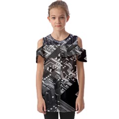 Black And Gray Circuit Board Computer Microchip Digital Art Fold Over Open Sleeve Top by Bedest