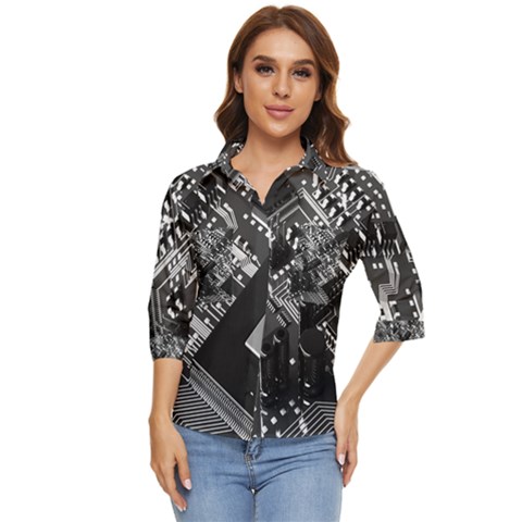 Black And Gray Circuit Board Computer Microchip Digital Art Women s Quarter Sleeve Pocket Shirt by Bedest