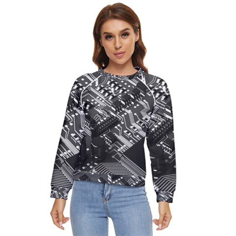 Black And Gray Circuit Board Computer Microchip Digital Art Women s Long Sleeve Raglan T-shirt by Bedest