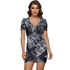 Black And Gray Circuit Board Computer Microchip Digital Art Low Cut Cap Sleeve Mini Dress by Bedest