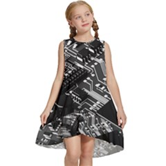 Black And Gray Circuit Board Computer Microchip Digital Art Kids  Frill Swing Dress by Bedest