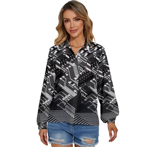 Black And Gray Circuit Board Computer Microchip Digital Art Women s Long Sleeve Button Up Shirt by Bedest