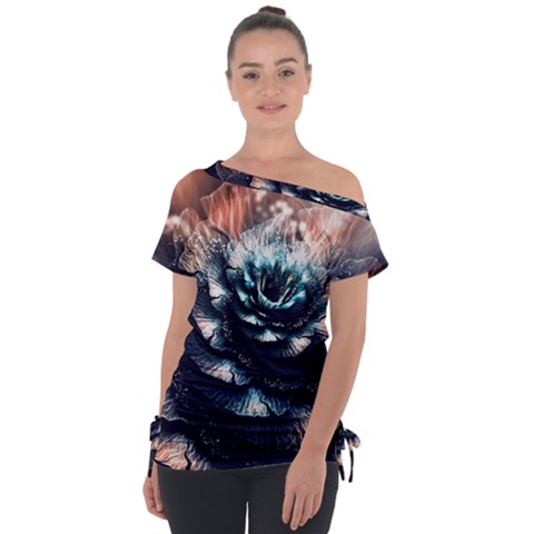 Blue And Brown Flower 3d Abstract Fractal Off Shoulder Tie-up T-shirt by Bedest