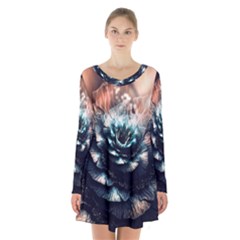 Blue And Brown Flower 3d Abstract Fractal Long Sleeve Velvet V-neck Dress