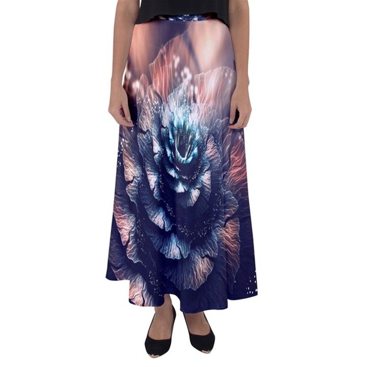 Blue And Brown Flower 3d Abstract Fractal Flared Maxi Skirt