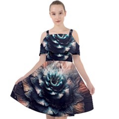 Blue And Brown Flower 3d Abstract Fractal Cut Out Shoulders Chiffon Dress by Bedest