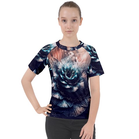 Blue And Brown Flower 3d Abstract Fractal Women s Sport Raglan T-shirt by Bedest