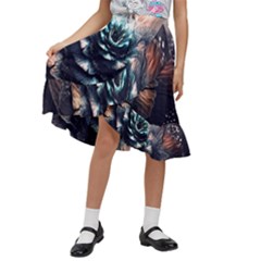 Blue And Brown Flower 3d Abstract Fractal Kids  Ruffle Flared Wrap Midi Skirt by Bedest