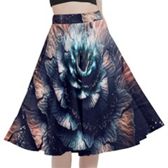 Blue And Brown Flower 3d Abstract Fractal A-line Full Circle Midi Skirt With Pocket by Bedest