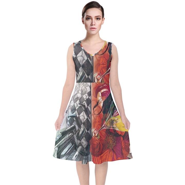 Left And Right Brain Illustration Splitting Abstract Anatomy V-Neck Midi Sleeveless Dress 