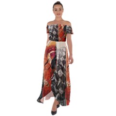 Left And Right Brain Illustration Splitting Abstract Anatomy Off Shoulder Open Front Chiffon Dress by Bedest