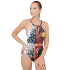 Left And Right Brain Illustration Splitting Abstract Anatomy High Neck One Piece Swimsuit by Bedest