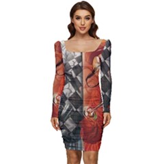 Left And Right Brain Illustration Splitting Abstract Anatomy Women Long Sleeve Ruched Stretch Jersey Dress by Bedest