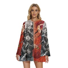 Left And Right Brain Illustration Splitting Abstract Anatomy Round Neck Long Sleeve Bohemian Style Chiffon Mini Dress by Bedest