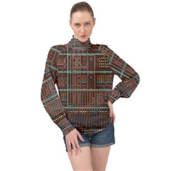 Digital Art Moog Music Synthesizer Vintage High Neck Long Sleeve Chiffon Top