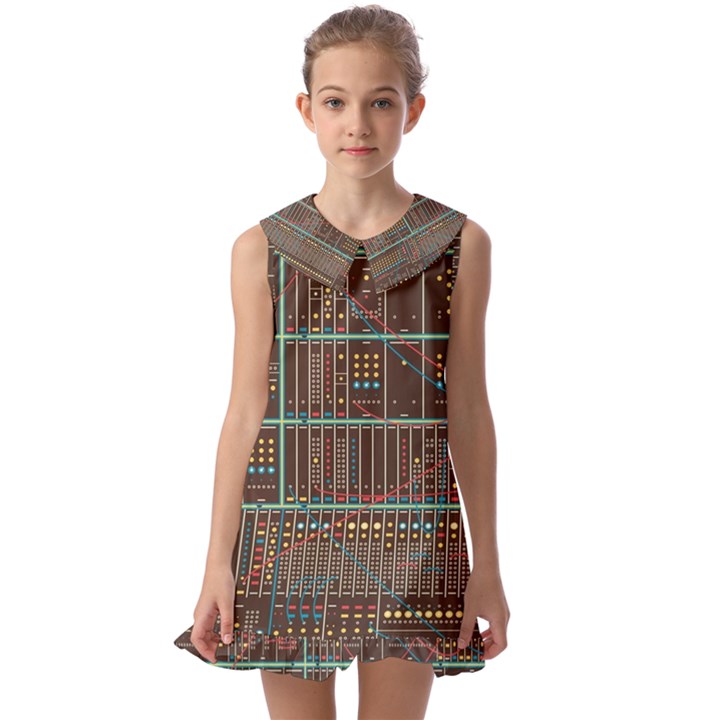 Digital Art Moog Music Synthesizer Vintage Kids  Pilgrim Collar Ruffle Hem Dress