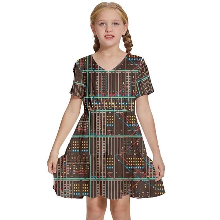 Digital Art Moog Music Synthesizer Vintage Kids  Short Sleeve Tiered Mini Dress