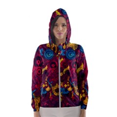 Psychedelic Digital Art Colorful Flower Abstract Multi Colored Women s Hooded Windbreaker by Bedest