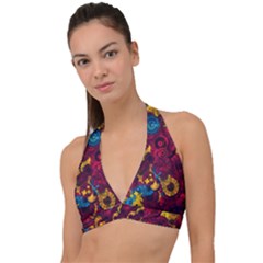 Psychedelic Digital Art Colorful Flower Abstract Multi Colored Halter Plunge Bikini Top by Bedest