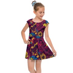 Psychedelic Digital Art Colorful Flower Abstract Multi Colored Kids  Cap Sleeve Dress by Bedest