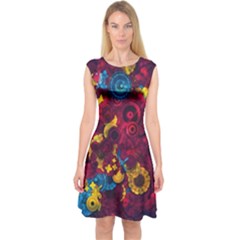 Psychedelic Digital Art Colorful Flower Abstract Multi Colored Capsleeve Midi Dress by Bedest