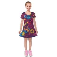 Psychedelic Digital Art Colorful Flower Abstract Multi Colored Kids  Short Sleeve Velvet Dress