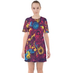 Psychedelic Digital Art Colorful Flower Abstract Multi Colored Sixties Short Sleeve Mini Dress by Bedest