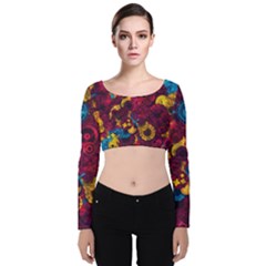 Psychedelic Digital Art Colorful Flower Abstract Multi Colored Velvet Long Sleeve Crop Top by Bedest